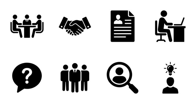 Business Icons Set: Meeting, Handshake, Resume, Worker, Question, Team, Search, Idea