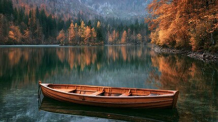 Obraz premium A solitary wooden rowboat floats on a serene mountain lake during autumn. It evokes peaceful solitude and seasonal.