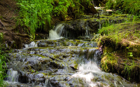 Vibrant, cascading water tumbles over mossy, dark stones in a lush, green forest setting, evoking a sense of cool, natural serenity in the summer woods
