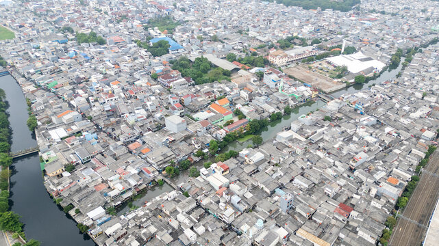 Aerial View of Densely Populated Urban Residential Area with Canals