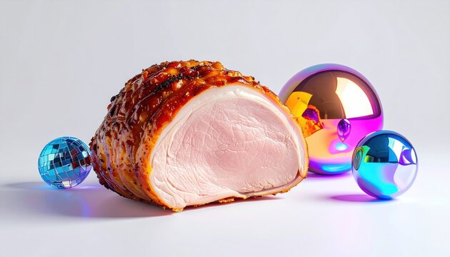 A glistening glazed ham with a cut showing pink meat, surrounded by iridescent spheres