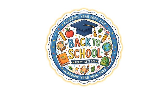 Decorative Back to School badge featuring graduation cap, books, pencils, apples, and educational icons in a colorful emblem for classroom and academic projects.