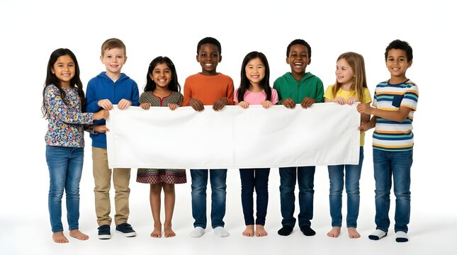 Group of happy children holding a large blank banner isolated on a white background. Perfect for education, advertising, promotions, announcements, school events, and marketing concepts.
