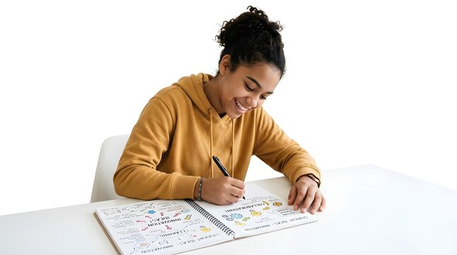 Focused student writing on paper at a desk in a bright learning environment. Ideal for education, studying, homework, examinations, academic success, and classroom concepts.