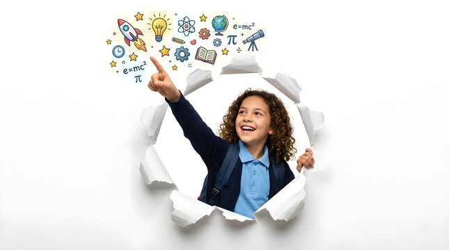 Excited schoolgirl breaking through paper while pointing upward with educational icons, expressing creativity, imagination, discovery, and joyful learning experiences.