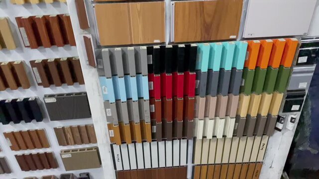 Interior wall panel material samples in a showroom