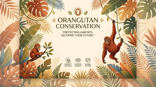 Beautiful conservation poster featuring orangutans surrounded by tropical plants, promoting wildlife protection, biodiversity, environmental awareness, and forest preservation.