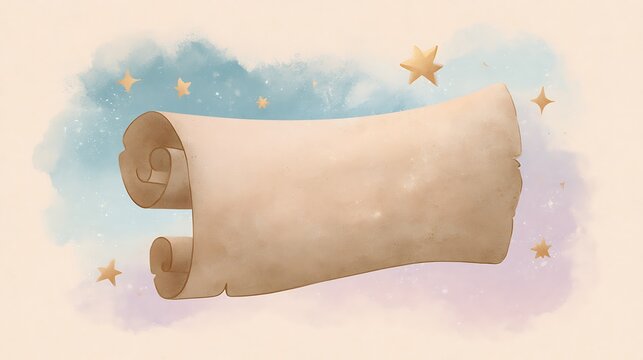 A rolled vintage parchment scroll sits against a magical watercolor background. Ideal for fantasy invitations and.