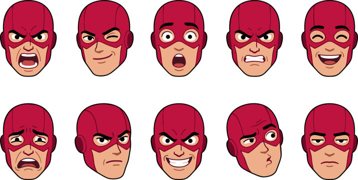 Superhero face avatar vector illustration set showcasing red masked comic book character head expressions laughing crying angry surprised and winking isolated on white background