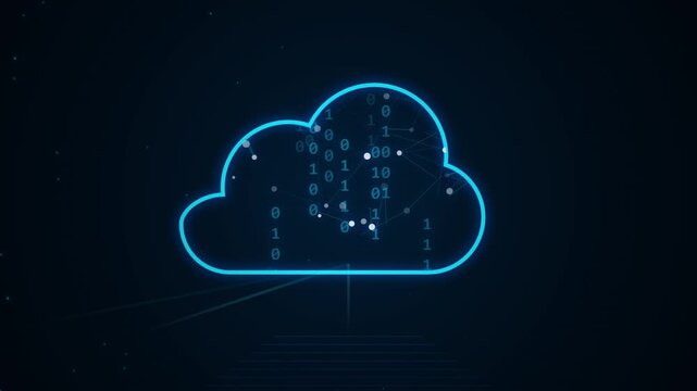 Abstract digital cloud icon with binary code inside, glowing neon blue outline on dark network background, data transfer concept