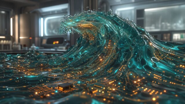 A rising tide of teal and orange bioluminescent fluid crashing softly. Integrated electronic circuits and nano-structures embedded within organic liquid waves