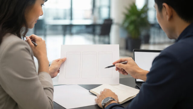 Custom software development team discussing user interface design for mobile application project in modern office setting