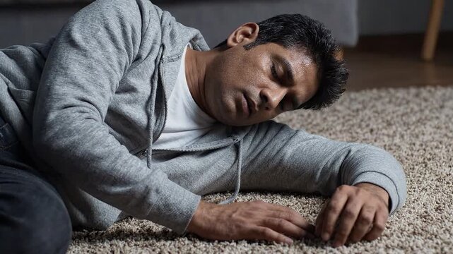 Unconscious young man lying on a carpeted floor at home