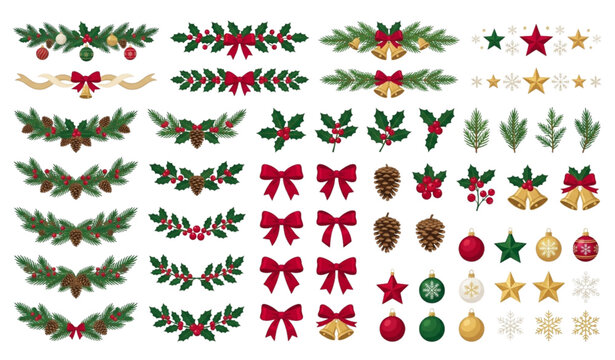 Elegant Christmas Greenery Ribbon Divider Vector Illustration Set