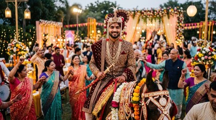 Obraz premium A bride and groom on a horse at a wedding reception, surrounded by guests in colorful traditional Indian attire.