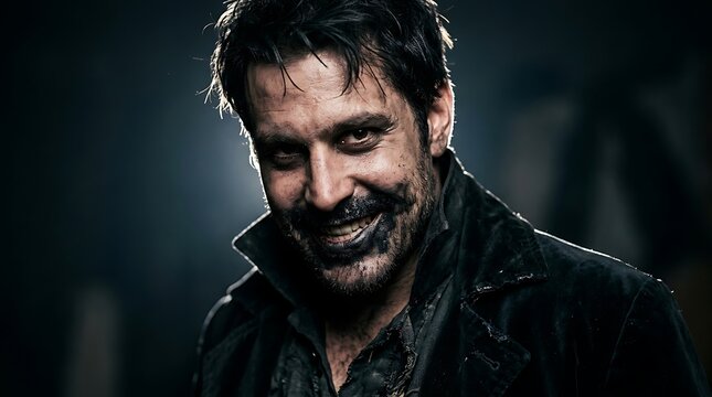 Man with manic smile and dark facial makeup in shadows