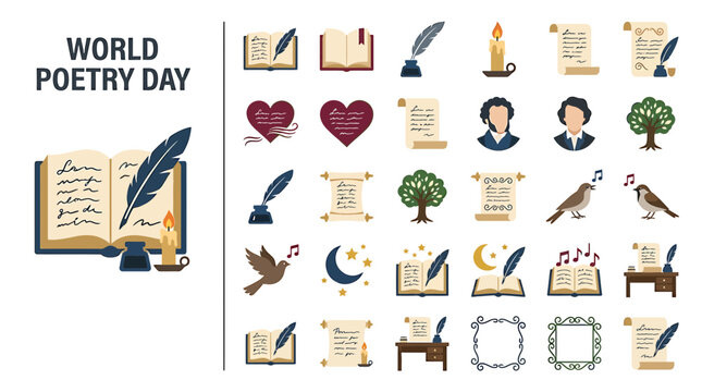 Flat vector illustration set of poetry and literature writing icons