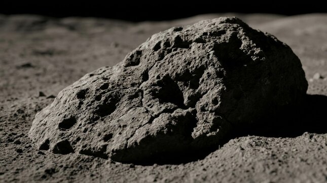 Close up of lunar rock on gray regolith with detailed craters and shadows