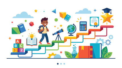 Naklejka premium Colorful education icons, learning pathway illustration, academic success concept, student journey vector isolated on Transparent Background Back to school, Editable EPS