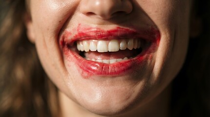Fototapeta premium Smiled mouth with smeared red lipstick close up