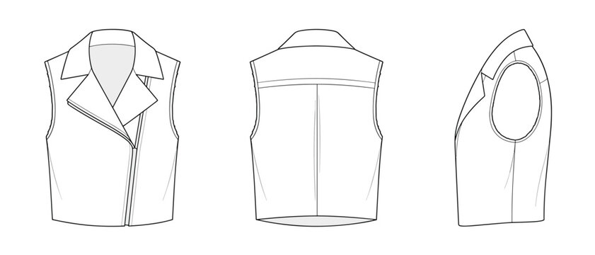 Women asymmetrical biker vest waist coat vector flat technical drawing illustration mock-up template for design and tech packs fashion CAD streetwear fashion brand design resource file sketch.