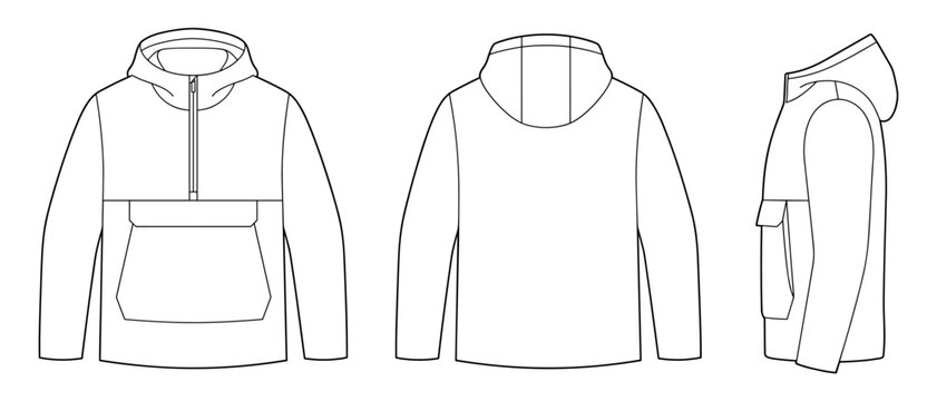 Unisex quarter zip anorak pullover hoodie vector flat technical drawing illustration mock-up template for design and tech packs fashion CAD streetwear sports brand design resource file.