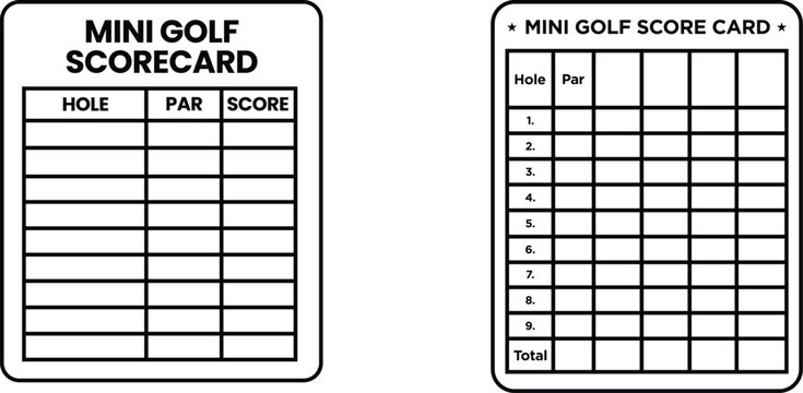 Mini golf scorecards blank templates for tracking game results and tournament play