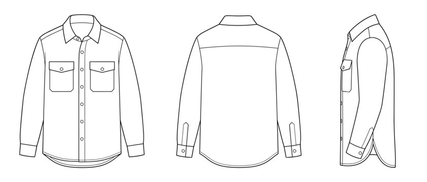 Men utility long sleeve overshirt jacket vector flat technical drawing illustration mock-up template for design and tech packs fashion CAD streetwear workwear brand design resource file.