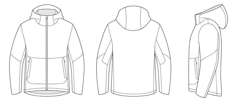 Unisex hooded windbreaker sports jacket vector flat technical drawing illustration mock-up template for design and tech packs fashion CAD streetwear outdoor brand design resource file sketch.