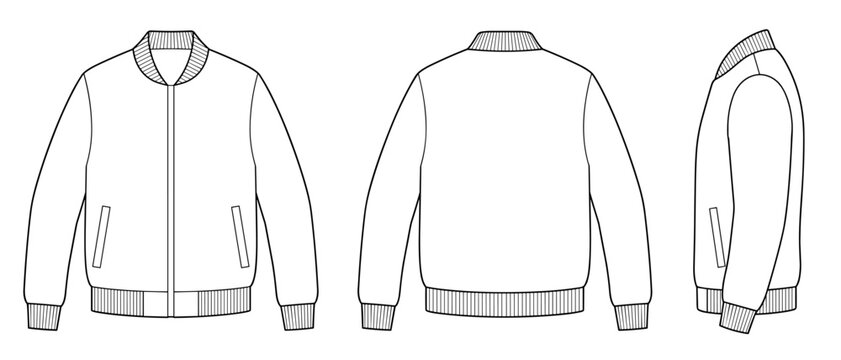Unisex flight bomber pilot jacket vector flat technical drawing illustration mock-up template for design and tech packs fashion CAD streetwear fashion brand design resource file sketch.
