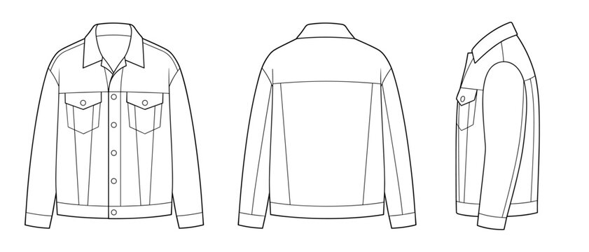 Men unisex oversized baggy denim jean jacket trucker vector flat technical drawing illustration mock-up template for design and tech packs fashion CAD streetwear brand design resource file.