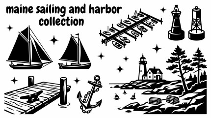maine sailing landmarks featuring classic sailboats marinas yacht harbors navigation buoys wooden docks anchor equipment and picturesque atlantic waterfront scenes arranged as a commercial vector © samira
