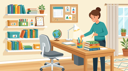 Modern classroom teacher workspace vector illustration, female educator organizing books in home office, cozy study room with bookshelves and desk isolated on White Background Back to school © Md Shaikh Farid