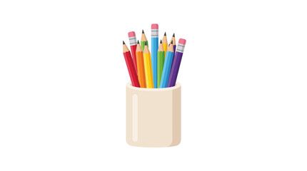 Fototapeta premium Colorful wooden pencils in a ceramic holder, vibrant school supplies for creative art projects, rainbow colored pencil set in a desk organizer cup isolated on White Background Back to school