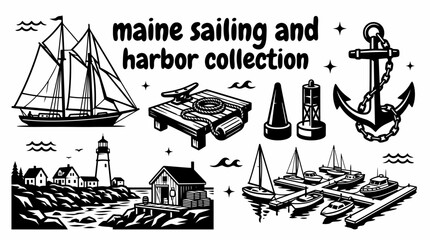 maine sailing landmarks featuring classic sailboats marinas yacht harbors navigation buoys wooden docks anchor equipment and picturesque atlantic waterfront scenes arranged as a commercial vector © samira