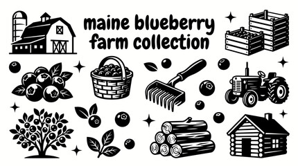 maine blueberry farming elements featuring blueberry bushes harvest baskets farm barns packing crates agricultural equipment and fresh berry production arranged as a premium commercial vector © samira