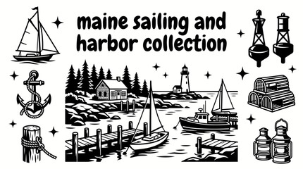 maine sailing landmarks featuring classic sailboats marinas yacht harbors navigation buoys wooden docks anchor equipment and picturesque atlantic waterfront scenes arranged as a commercial vector © samira