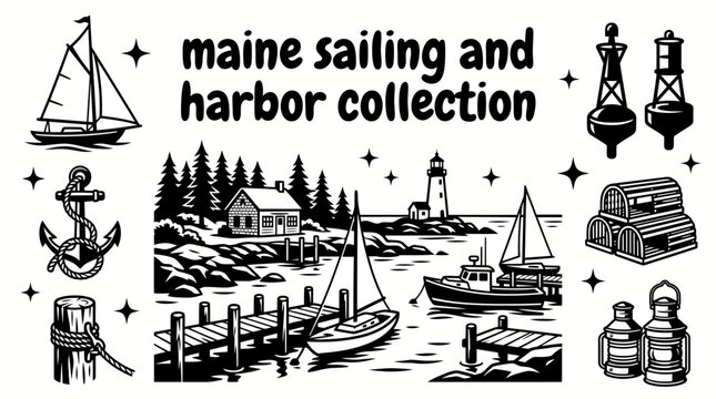 maine sailing landmarks featuring classic sailboats marinas yacht harbors navigation buoys wooden docks anchor equipment and picturesque atlantic waterfront scenes arranged as a commercial vector