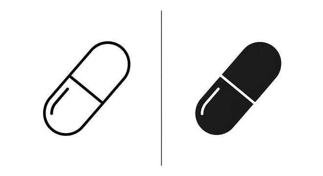 Pill and capsule icon isolated on white background. Minimalist medical tablet and supplement vector illustration for healthcare design.