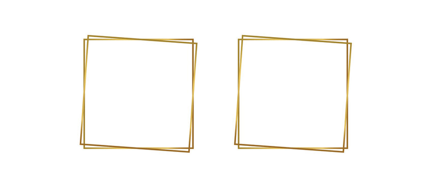 Two minimalist geometric golden square frames for elegant invitation design elements isolated on transparent background with presented thin geometric outlines arranged side side PNG