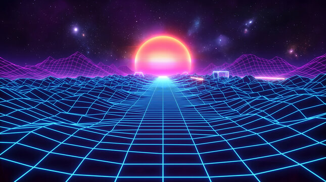 Wireframe landscape synthwave neon blue purple