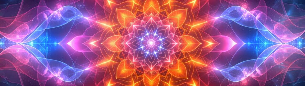 Symmetrical glowing mandala pattern symbolizing spiritual balance and universal harmony with luminous elements.