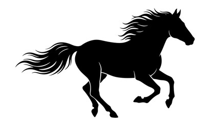 Running horse silhouette illustration showing dynamic motion with flowing mane and tail representing speed, freedom, and strength in black © Toqeer