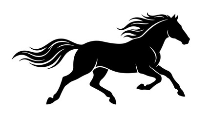 Running horse silhouette illustration showing dynamic motion with flowing mane and tail representing speed, freedom, and strength in black © Toqeer