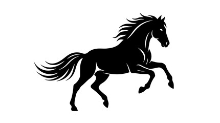 Running horse silhouette illustration showing dynamic motion with flowing mane and tail representing speed, freedom, and strength in black © Toqeer