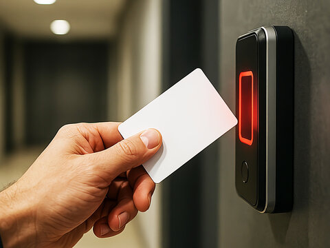 Close up of hand using electronic access card reader for security
