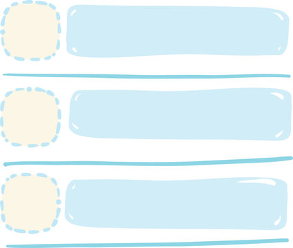 To do list check box elements, three light blue speech bubble with a yellow border and a dashed outline in a minimalist doodle style, have space for input text 