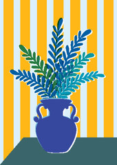 Obraz premium Retro Risograph Vector Illustration of Potted Houseplant in Blue Vase