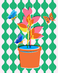 Obraz premium Retro Risograph Illustration of Potted Monstera Plant with Colorful Butterflies