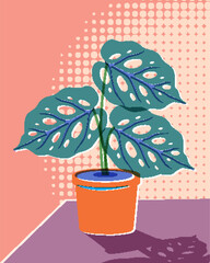 Obraz premium Retro Risograph Vector Illustration of a Potted Monstera Houseplant